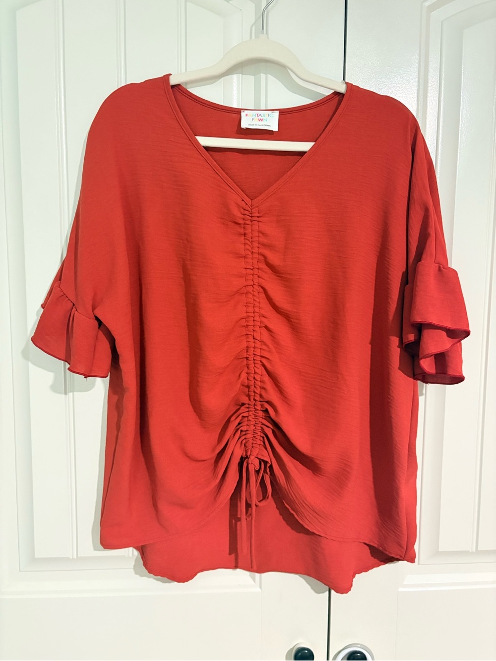 Fantastic Fawn Rust Orange/Red Ruched V-Neck Blouse with Ruffle Sleeves